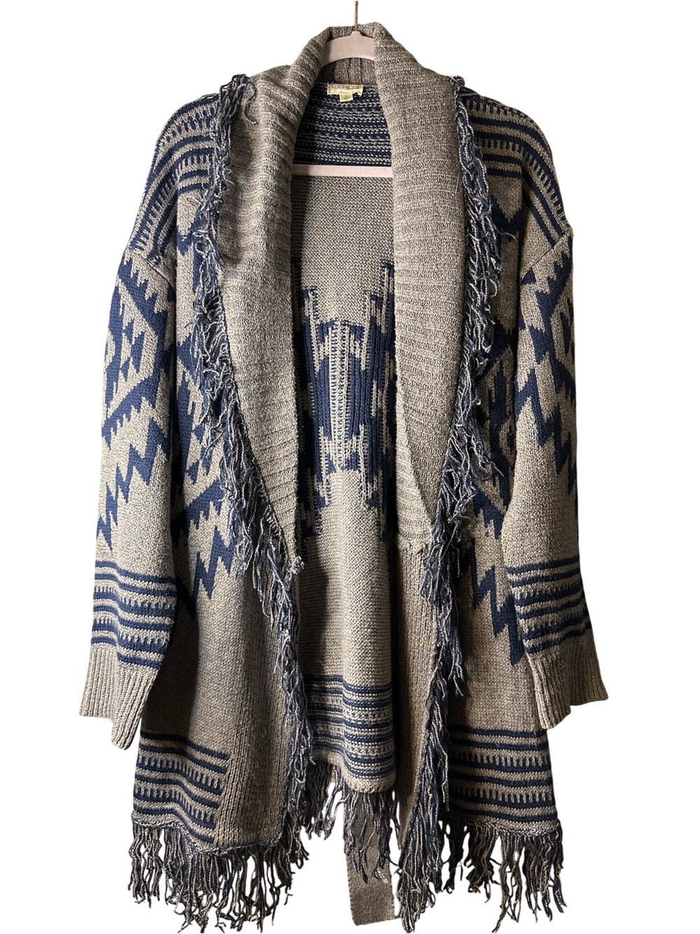 Hem & Thread Gray and Navy Aztec Fringed Open-Front Cardigan